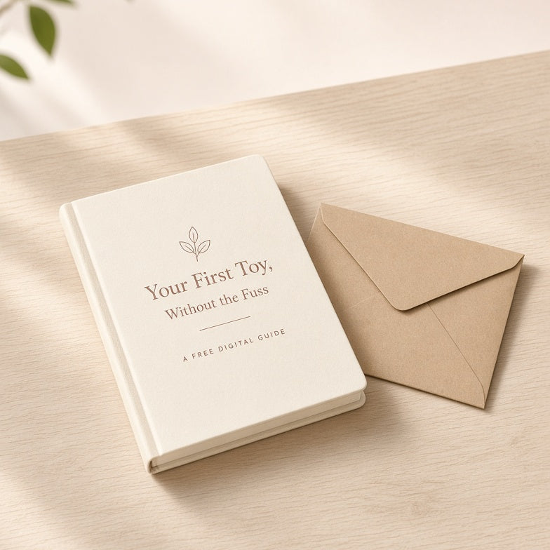 A cream-colored hardcover book titled 'Your First Toy, Without the Fuss' sits on a light wood surface next to a kraft paper envelope. The scene is styled with soft, natural shadows from a leafy branch in the top left corner.